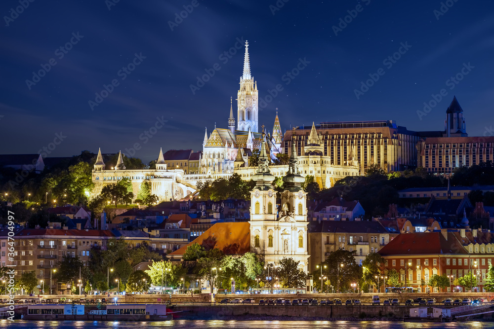 Amazing night shot about Fishermans bastion Batthyany square Saint Anna church and Matthias church. Famous tourist attraction in this city.