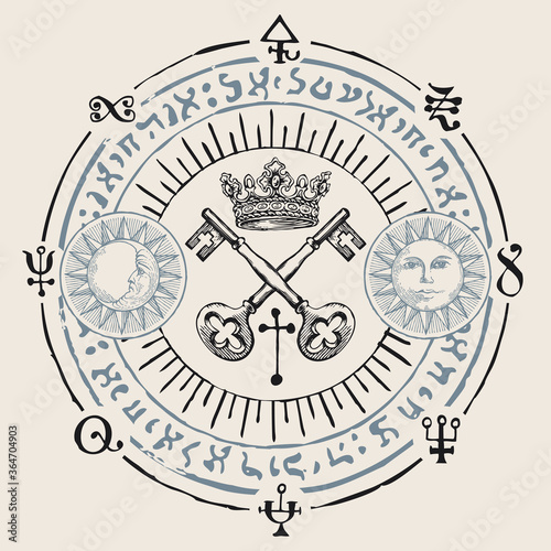 Hand-drawn crown, old crossed keys and magical symbols in retro style on a beige background. Vector banner with sun, moon, esoteric and magic signs written in a circle