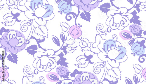 floral ornament in purple color scheme on a white background. Light, feminine, girly, for fabric, Wallpaper