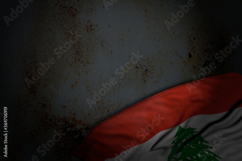 wonderful dark illustration of Lebanon flag with large folds on rusty metal with empty space for your content - any holiday flag 3d illustration..