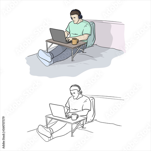 male freelancer using laptop studying or doing network on bed in inside house with tea cup and wireless headphones vector illustration with black lines isolated on white background