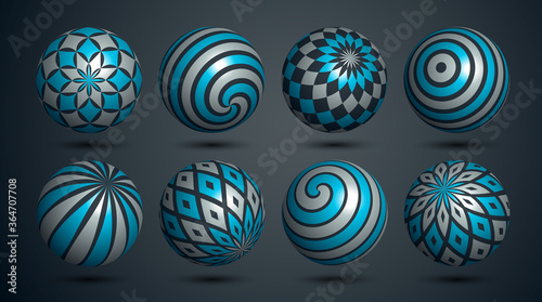 Abstract spheres vector set, collection of balls decorated with patterns, 3D mixed variety realistic globes with ornaments collection.