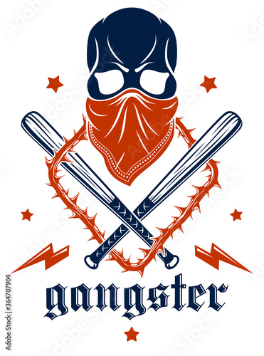 Brutal gangster emblem or logo with aggressive skull baseball bats and other weapons and design elements, vector anarchy crime or terrorism retro style, ghetto revolutionary.