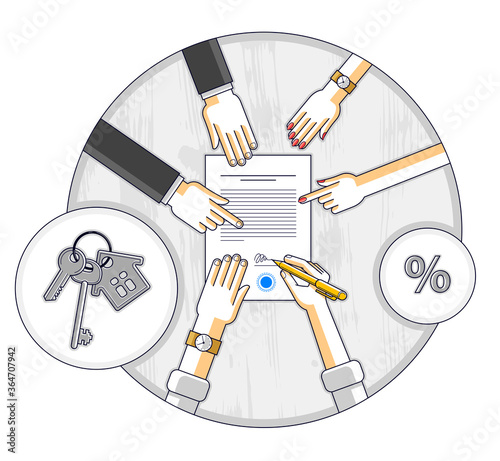 Man signs bank mortgage hypothec for real property house buying and employee explains terms of loan credit, top view of desk with people hands and paper documents. Vector illustration.