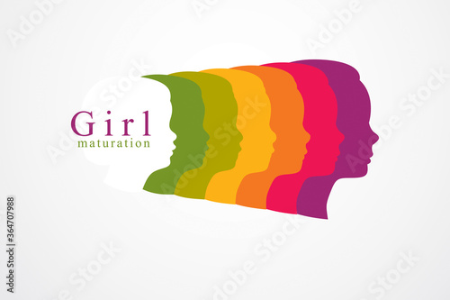Girl growing to adult age years concept illustration, from child to teen and woman, period and cycle of life, getting old, maturation and aging. Vector simple classic icon or logo design.
