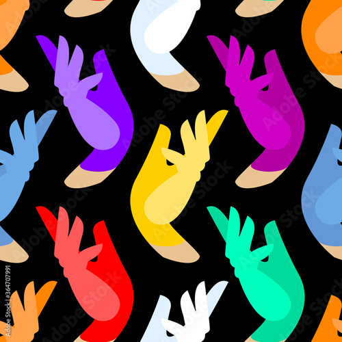 Seamless pattern with colored gloves on elegant hand. Vector flat colorful hands. Perfect for clothes, accessories. colored gloves black background.