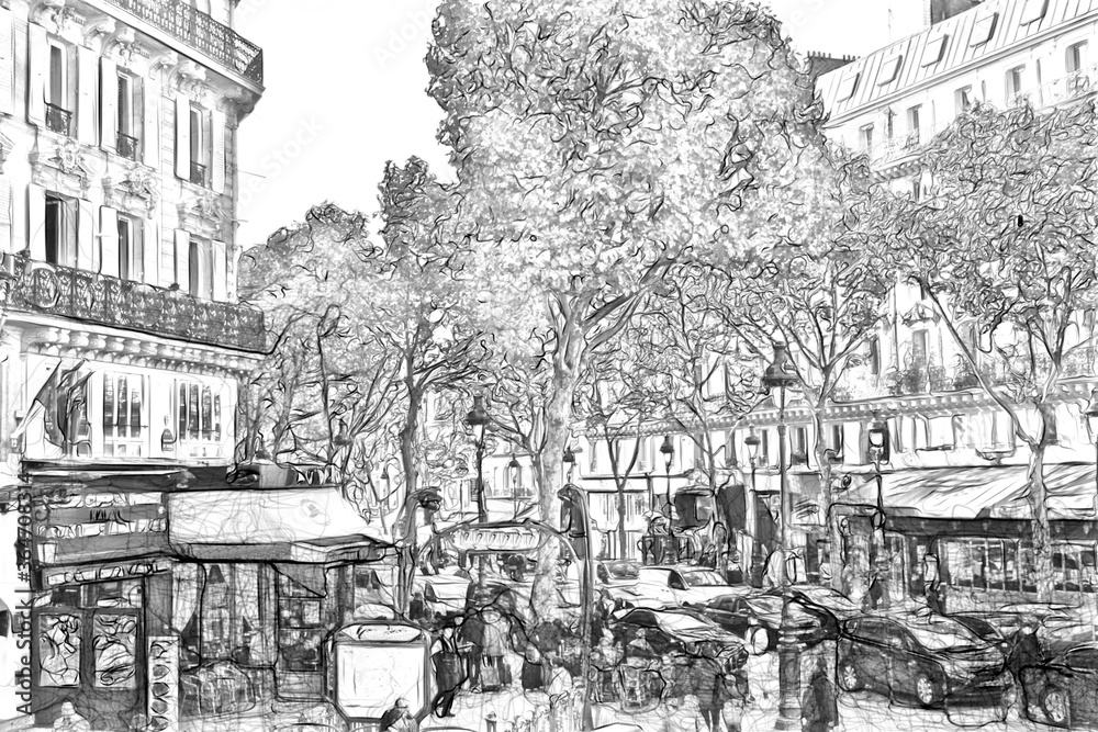 Obraz drawing style that represents a glimpse of a street in the center of Paris