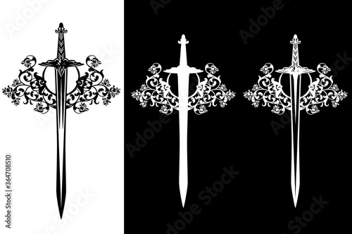 medieval knight sword among rose flower decor - black and white vector heraldic weapon emblem