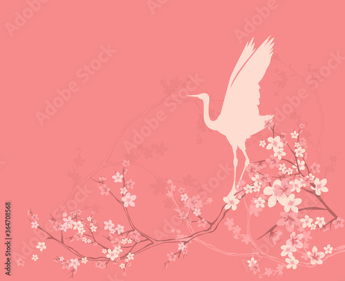 japanese crane bird standing among blooming sakura tree branches - asian style spring season copy space vector background
