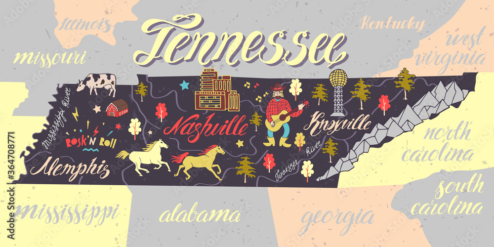 Illustrated map of  Tennessee, USA. Travel and attractions. Souvenir print