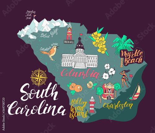 Illustrated map of  South Carolina, USA. Travel and attractions. Souvenir print