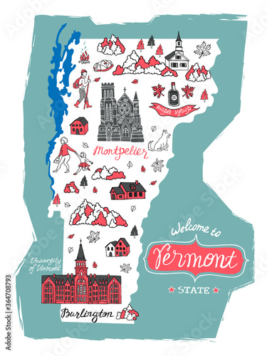 Illustrated map of  Vermont, USA. Travel and attractions. Souvenir print