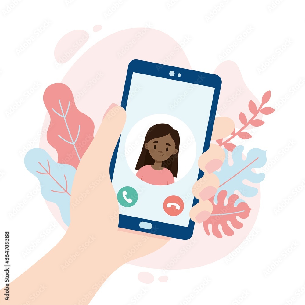 Incoming video call. Hand holding a smartphone. Cute girl making a video call. People using a video call app while social distancing.