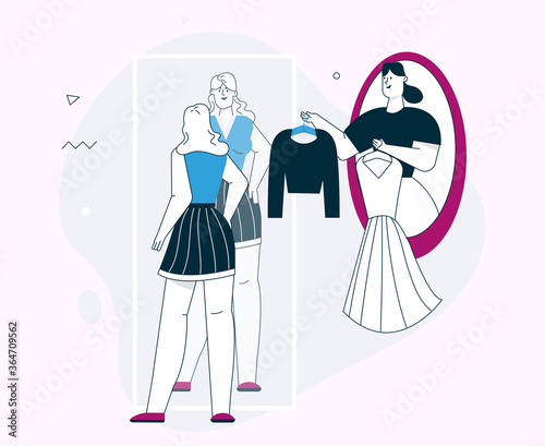 Vector linear character illustration of Woman buys clothes with fashion stylist
