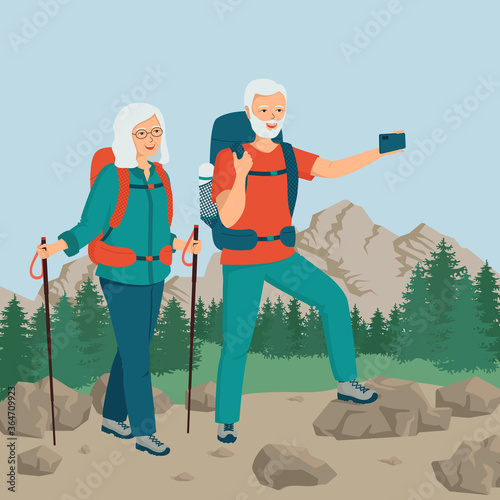 Healthy elderly couple of tourists with backpacks take a selfie. Retired family outdoor activity concept. Age trekking, hiking in the mountains. Active senior men, women. Cartoon vector illustration.