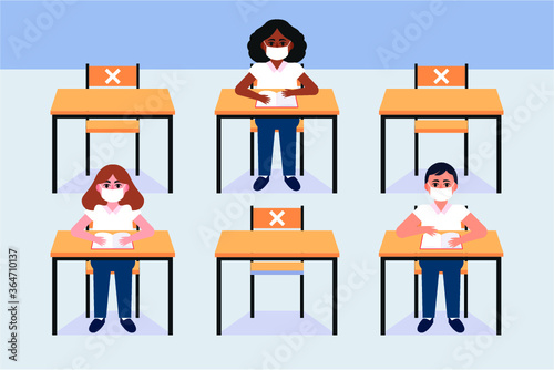 Back to school for new normal lifestyle banner social distancing in class room Concept, Prevention tips infographic of coronavirus 2019. boy and girl wearing mask Sitting on the desk