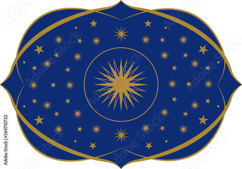 Ornamental frame medieval or modernist style blue background with gold stars.