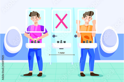 New normal or new norm Social distancing in Public toilet Men For living Life After COVID-19  illustration on background