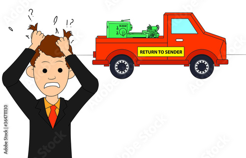 business man tearing his hair in front of a van returning goods to the sender