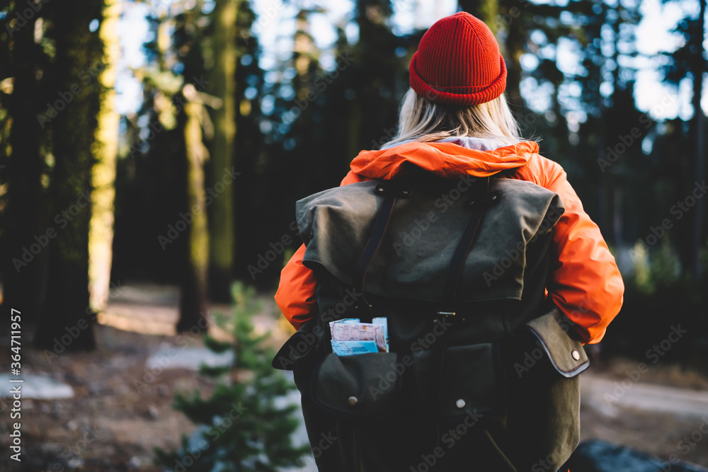 Back view of female traveler in colourful orange jacket recreating during hiking tour in forest, girl wanderlust with touristic rucksack and backpack explore wild environment of wood on active rest. Back view of female traveler in colourful orange jacket recreating during hiking tour in forest, girl wanderlust with touristic rucksack and backpack explore wild environment of wood on active rest.