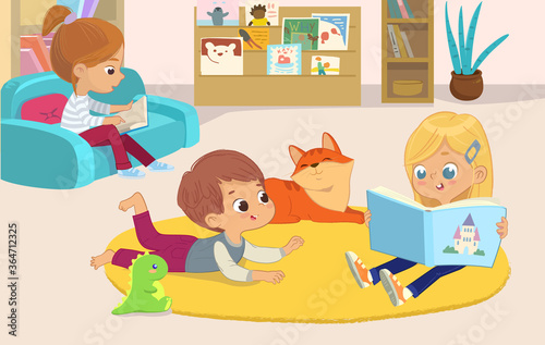 illustration of a girl reading the book to her friends the boy and the pet cat. Book corner in the kindergarten.