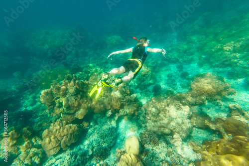 Man snorkeling in diving suit in coral reef of Surin Islands, Andaman Sea, North of Phuket, Phang Nga in Thailand. Swimming in Ko Surin Marine National Park, underwater water sport activity. top view
