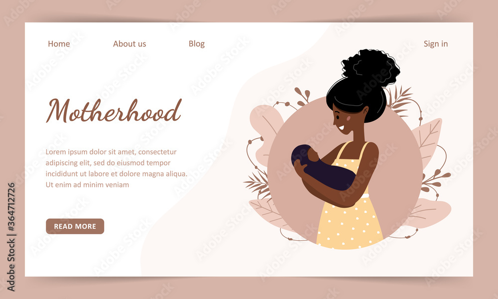 Motherhood. African woman holds a child. Landind page template. Modern flat style vector illustration isolated on soft background. Motherhood. African woman holds a child. Landind page template. Modern flat style vector illustration isolated on soft background.