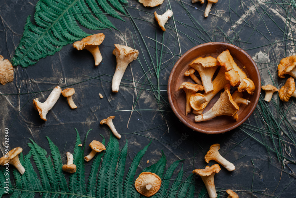 Chanterelles on a black table top view, vegan food, Chanterelles on a black table top view, vegan food,