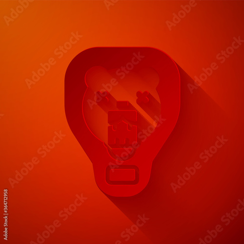 Paper cut Bear head on shield icon isolated on red background. Hunting trophy on wall. Paper art style. Vector.