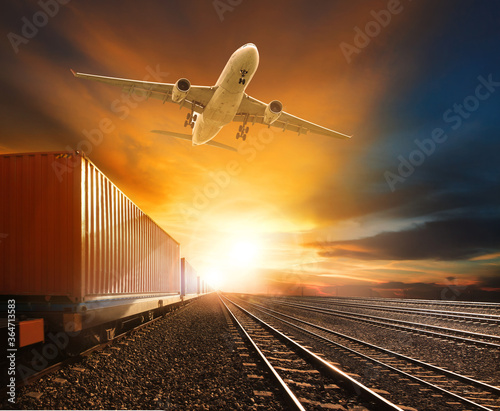 logistic  trains and cargo plane flying against beautiful sky background