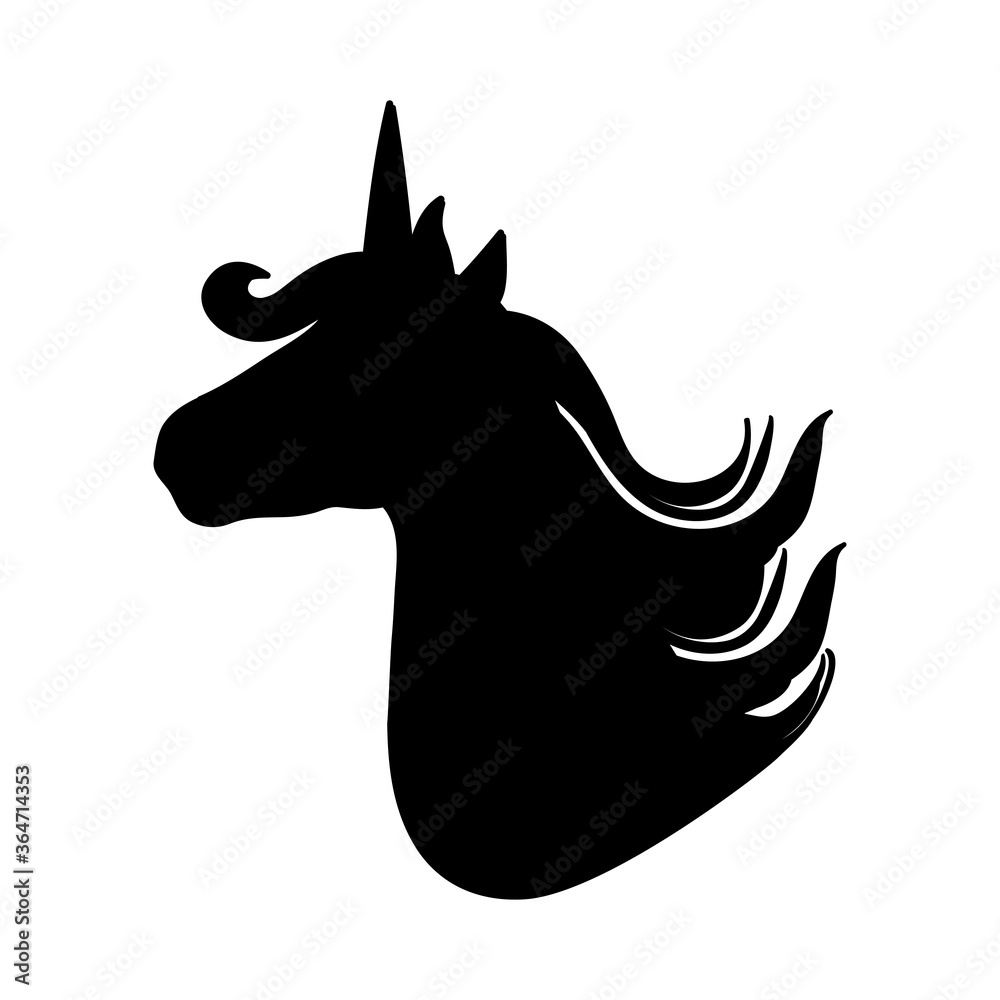 Silhouette of a beautiful magical unicorn. Black color vector illustration