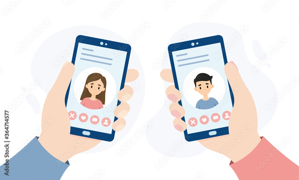 Dating application for smartphones. Hands holding smartphones. People dating through an online app.