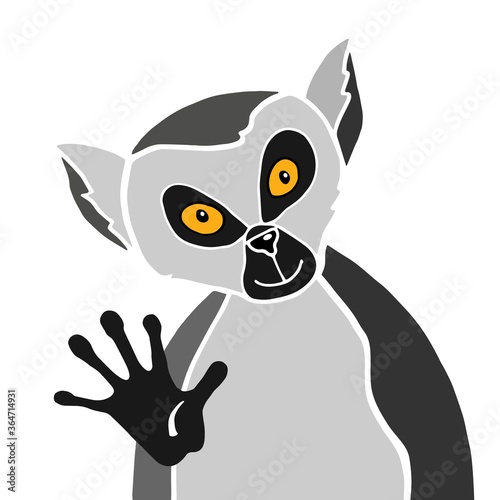 Fototapeta Naklejka Na Ścianę i Meble -  Cartoon gray funny lemur yellow eyes looks right at you and waves his paw. Animal unusual interesting character greets the audience. Concept design isolated on white background. 