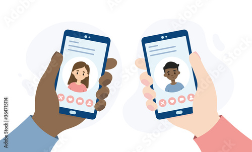 Dating application for smartphones. Hands holding smartphones. People dating through an online app.