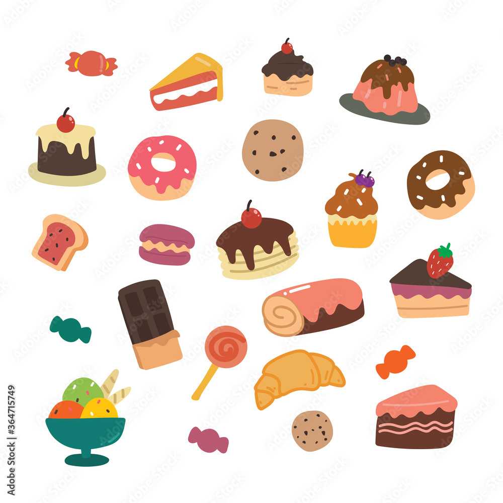 set of hand drawn vector dessert, cake, sweets with cute pastel color. collection illustration for sticker, label, tag, gift wrapping paper set of hand drawn vector dessert, cake, sweets with cute pastel color. collection illustration for sticker, label, tag, gift wrapping paper