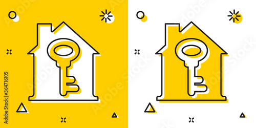 Black House with key icon isolated on yellow and white background. The concept of the house turnkey. Random dynamic shapes. Vector.