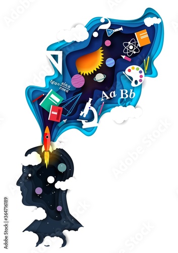 Vector layered paper cut style human head silhouette with flying up rocket, school supplies, education and science symbols. Creative mind, knowledge and education concept.
