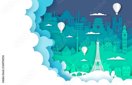 Travel poster template, vector illustration in paper art style. Hot air balloons flying over world famous landmarks silhouettes, copy space. Layered paper cut travel composition for web banner, page.