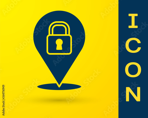 Blue Location lock icon isolated on yellow background. The concept of the house turnkey. Vector.
