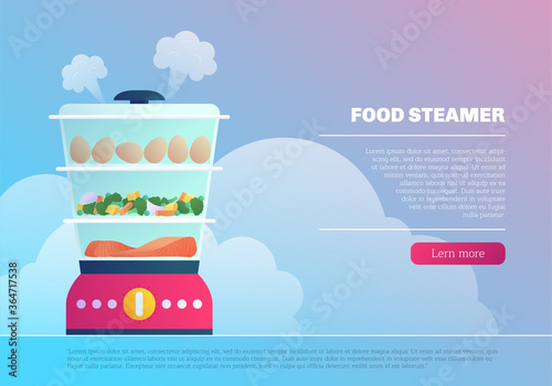 Food steamer landing page template. Vegetables, fish and eggs cooking in electic double boiler. Household multi steamer appliance website design vector illustration isolated on white background