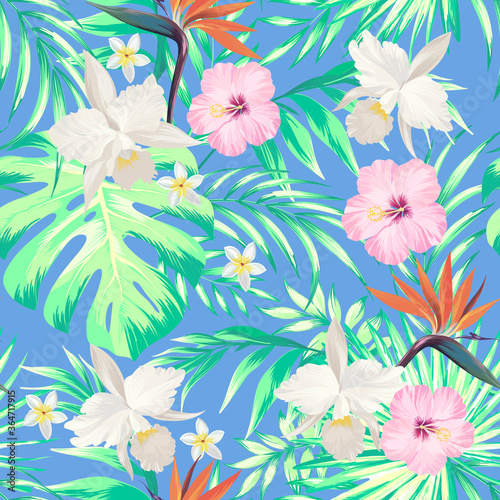 Tropical vector seamless background. Jungle pattern with exitic flowers, and palm leaves. Stock vector. Jungle vector vintage wallpaper photo