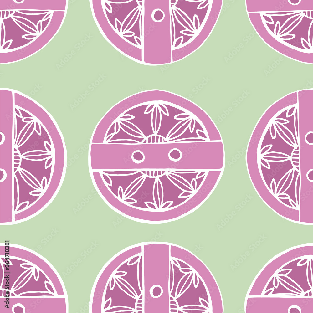 Seamless beautiful buttons with crossbeams and leaves. On a light green background lilac buttons. Idea for fabric, packaging, wallpaper.