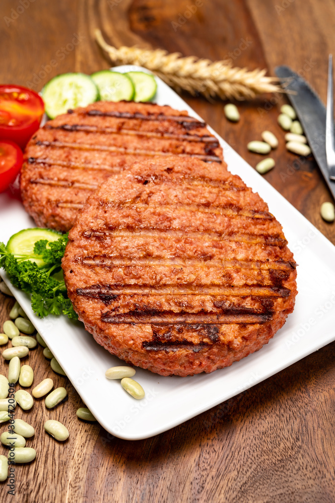 Source of fibre plant based vegan soya protein grilled burgers, meat free healthy food