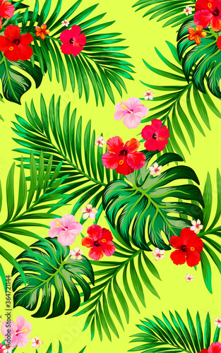 Tropical vector seamless background. Jungle pattern with exitic flowers  and palm leaves. Stock vector. Jungle vector vintage wallpaper