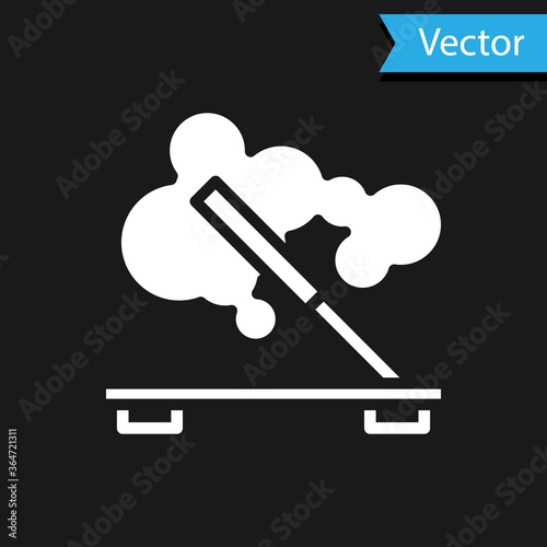 White Scented spa stick on a wooden stand icon isolated on black background. Incense stick. Cosmetic procedure aromatherapy. Vector.