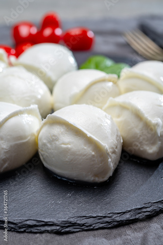 Tasty italian food, fresh white buffalo mozzarella soft cheese balls from Campania