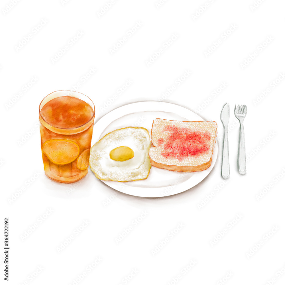 Watercolor Illustration of Western Breakfast - Fried egg toast on the plate served with a cup of lemon red tea, with a knife and fork on the table Watercolor Illustration of Western Breakfast - Fried egg toast on the plate served with a cup of lemon red tea, with a knife and fork on the table