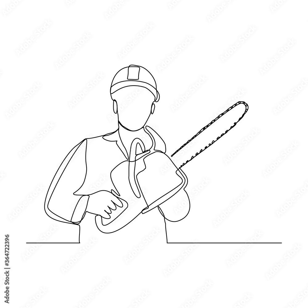 Continuous line drawing of lumberjack man wood cutter work and holding chainsaw to cut wood tree. Vector illustration Continuous line drawing of lumberjack man wood cutter work and holding chainsaw to cut wood tree. Vector illustration