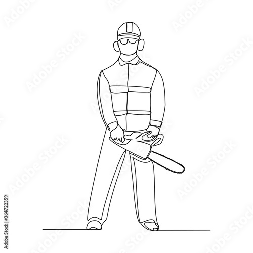Continuous line drawing of lumberjack man wood cutter work and holding chainsaw to cut wood tree. Vector illustration
