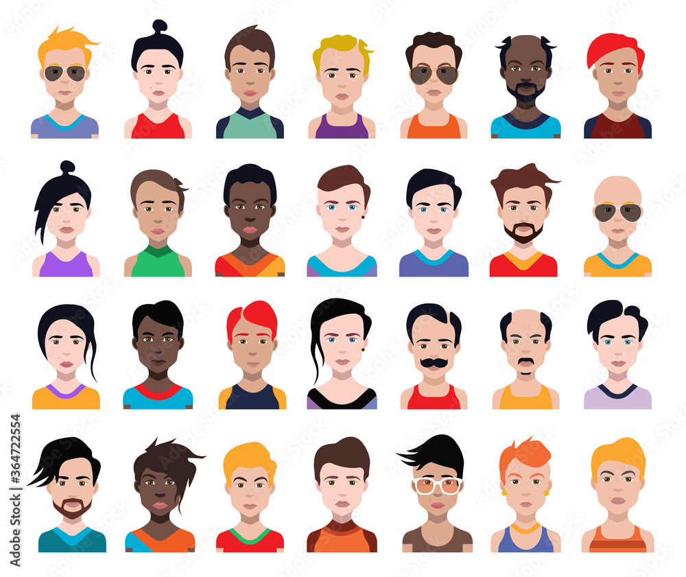 Set of people icons in flat style with faces. Vector women, men with color background Set of people icons in flat style with faces. Vector women, men with color background